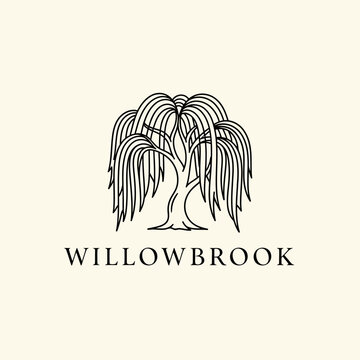 Minimalist Black and White Logo Design Featuring a Stylized Weeping Willow Tree with the Word Willowbrook Beneath