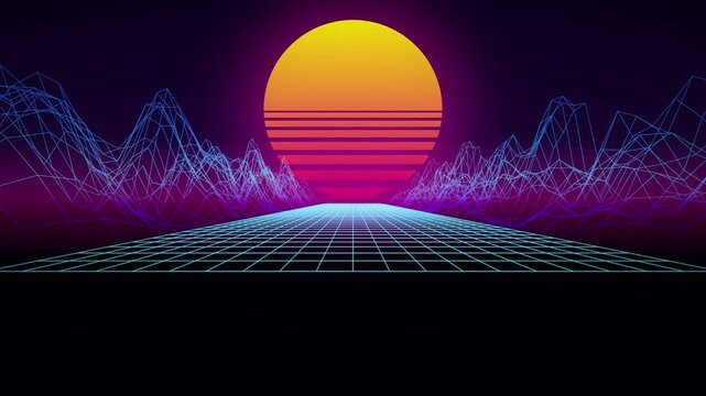 Retro synthwave 80s sun wireframe grid seamless loop background