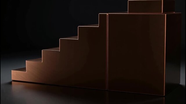 Copper-colored metallic staircase with smooth steps and reflective surface against dark background
