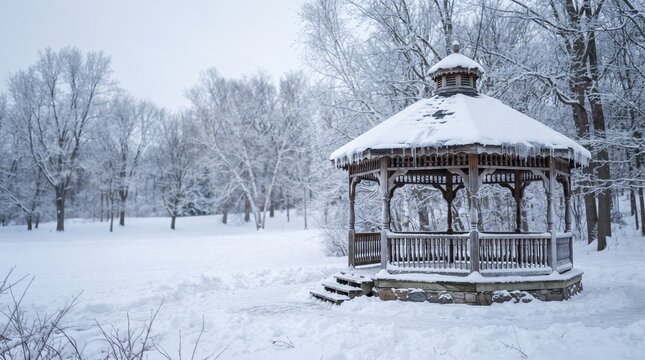 Snow-covered gazebo in a winter forest park with icicles