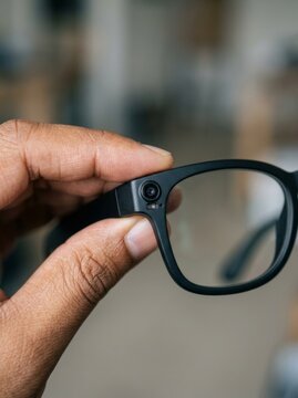 Close-up of smart glasses with built-in camera