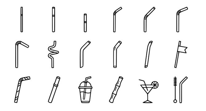 Plastic Straws Icon Set &ndash; Drinking Straw Outline Vector Illustration