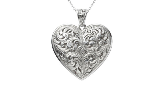 Ornate silver heart locket pendant with intricate filigree engraving and swirling floral motifs
