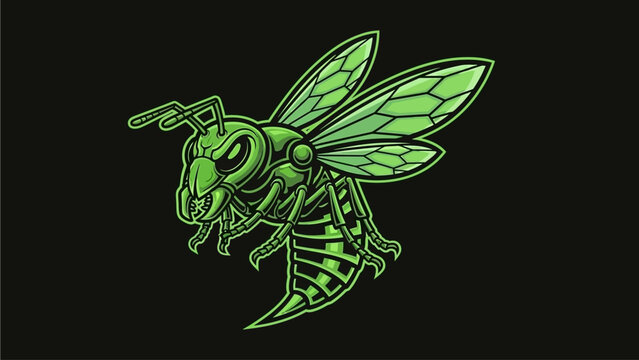 A menacing green hornet with glowing eyes and translucent wings, depicted in a stylized, aggressive pose against a dark background.