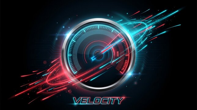 Futuristic speedometer with glowing red and blue motion lines representing high velocity