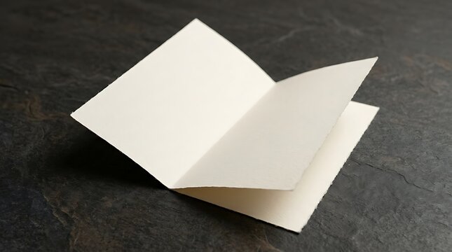 Open empty white greeting card or folded brochure lying on a dark textured slate stone background. bi fold mockup
