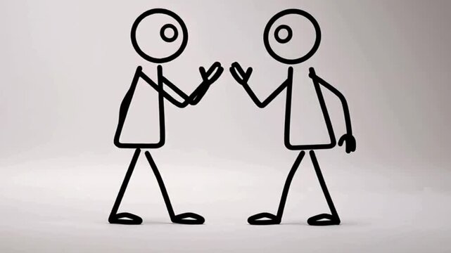 Clean minimalist stick figure animation of two humans collaborating, facing each other, centered on white