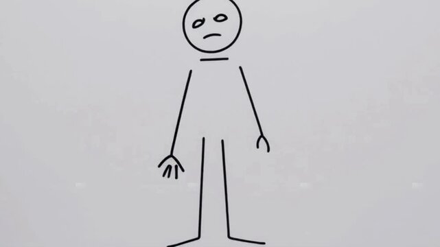 Clean minimalist stick figure animation of finalized decision, centered on white