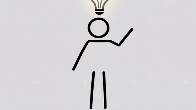 Clean minimalist stick figure animation of innovation moment, idea generation, white background, flat vector style