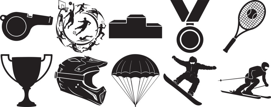 Set of sports achievement and award icons including trophy medal podium with parachute