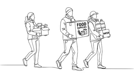 Fototapeta premium Volunteers carrying food supplies and water to help others