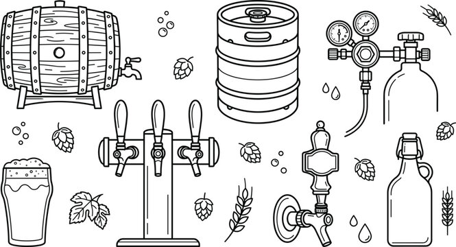 Minimalist craft beer brewing line icons set featuring wooden barrel keg tap tower co2 tank bottle glass hops