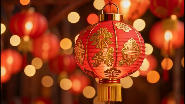Red Chinese lantern with gold patterns hanging amidst blurred festive lights