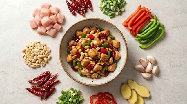 Bowl of kung pao chicken surrounded by fresh ingredients like peanuts chili peppers and vegetables. kung pao chicken
