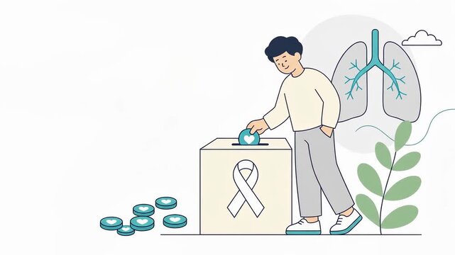 Animated Man Donating Coins to Lung Cancer Charity Box