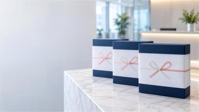 オフィスの受付に並ぶ水引付きの紺色贈答箱