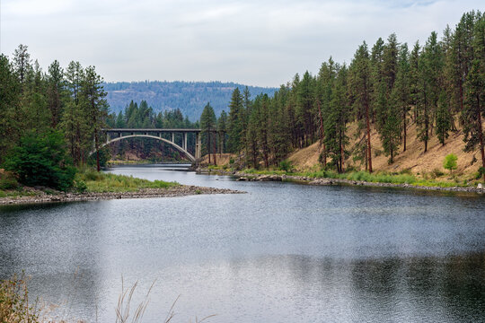 The state highway 291 arch bridge crosses the Spokane River near the Long Lake Dam in Washington, USA