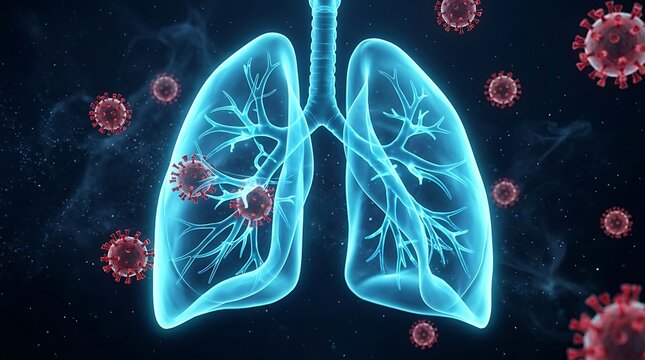 Blue human lungs with red virus particles
