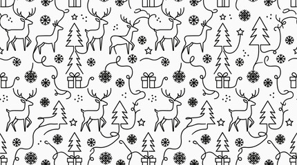 Obraz premium Minimalist Christmas seamless pattern with reindeer and pine trees, festive holiday line art background with snowflakes and gift boxes, elegant black and white winter vector illustration