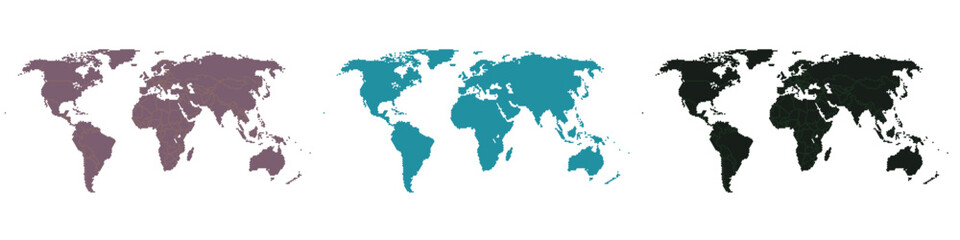 Fototapeta premium Minimalist world map vector set, flat earth silhouette collection in purple teal and black, global geography icons for travel and business infographics