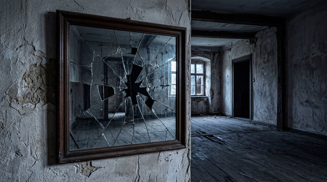Abandoned Interior Broken Mirror With Cracked Glass And Peeling Wall