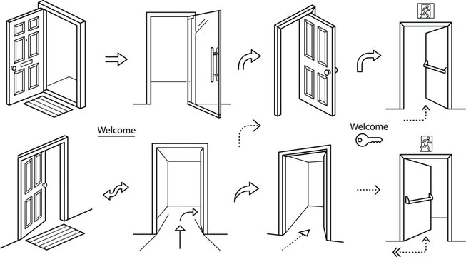 Open door line icon set with entrance exit emergency escape arrow way and welcome home building architectural elements