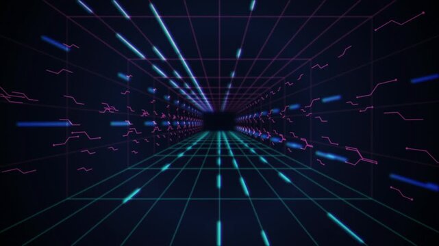 Retro synthwave tunnel wireframe grid seamless loop background