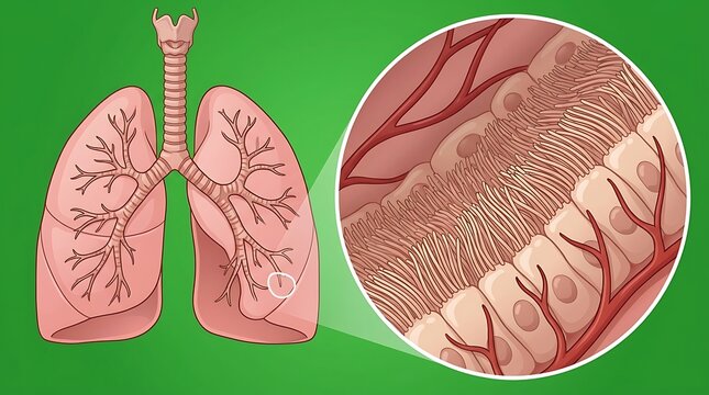 Human respiratory system with microscopic lung tissue view