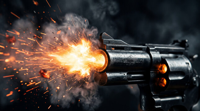 Action Movie Concept Revolver Handgun Firing With Muzzle Flash And Sparks