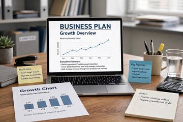 Obraz premium Business Plan Document on Laptop Screen in Modern Office Workspace