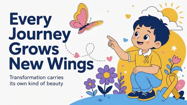Animated boy and flying butterfly with childhood cancer ribbon
