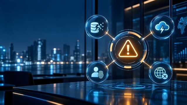 Digital security alert system with icons for data breach user authentication and network error set against a futuristic cityscape at night.