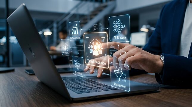 Business professional using laptop with digital data overlay
