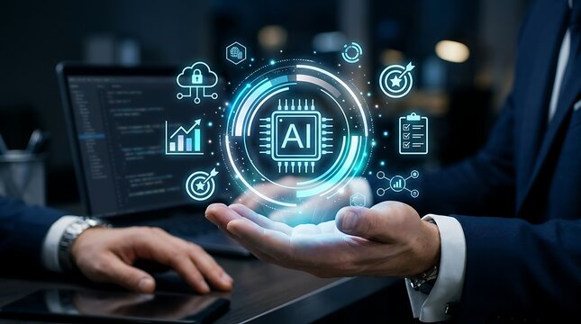 Businessman holding futuristic artificial intelligence digital interface