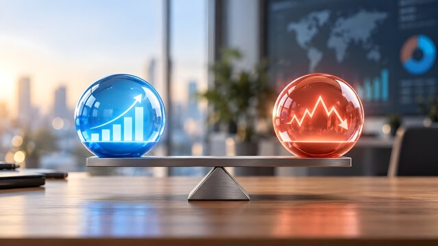 Balance scale comparing glowing spheres with upward and downward financial charts symbolizing economic growth and decline in a modern office setting
