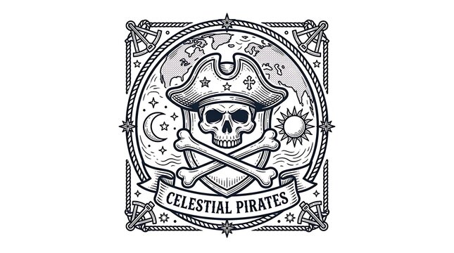 Celestial Pirate Skull and Crossbones Nautical Vintage Engraving Illustration with Globe and Moon
