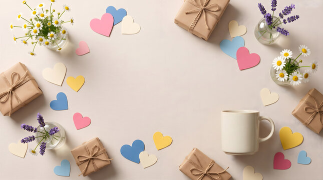 National random acts of kindness day flat lay with gift boxes, flowers, paper hearts and a coffee mug