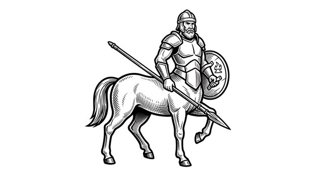 Medieval Centaur Warrior in Full Body Armor Holding Spear and Shield Greek Mythological Illustration