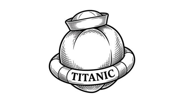 Vintage Hand Drawn Line Art Illustration of Titanic Lifebuoy with Sailor Hat on White Background