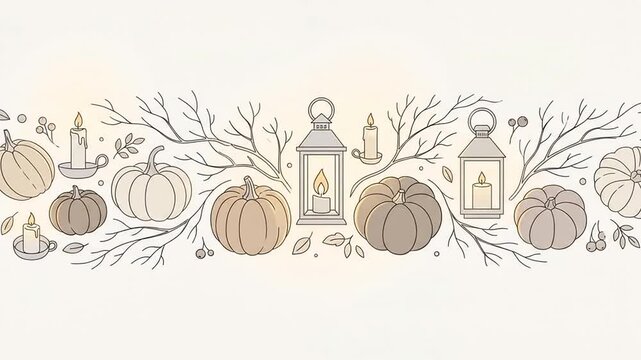 Autumn harvest decorative banner featuring pumpkins and glowing candles