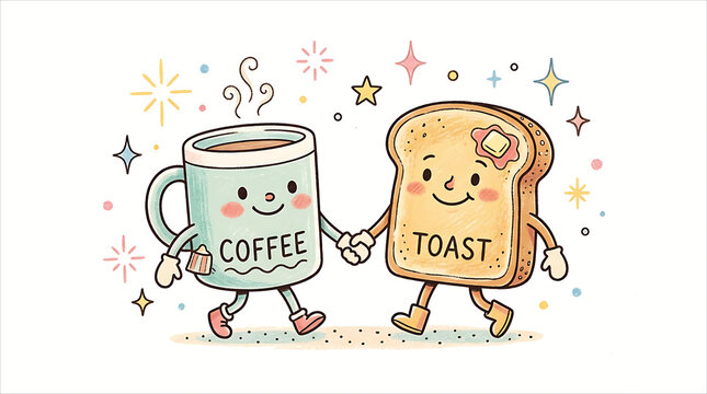 Cute Coffee Mug and Buttered Toast Best Friends Walking Together Vector Illustration