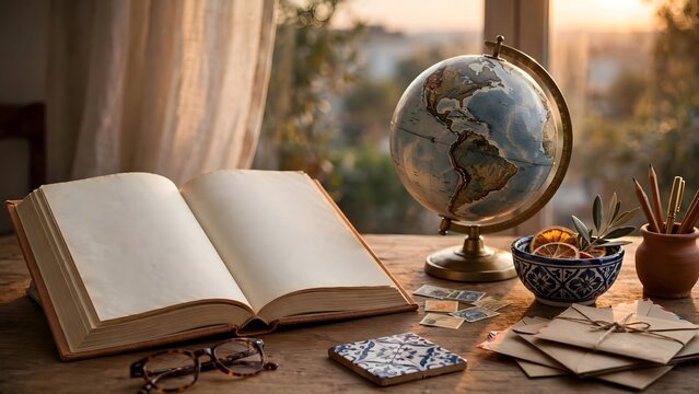 Books and geography combine to illustrate education, culture, communication, and international understanding