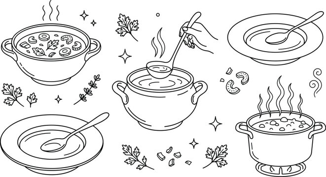 Hot delicious soup cooking process icons set with cooking pot ladle bowls spoons and herbs vector illustration lineart