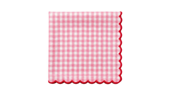 Pink and white gingham checkered cloth napkin with red scalloped border