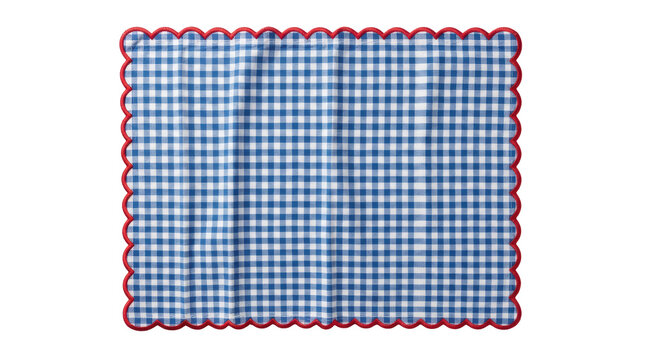 Blue and white gingham checkered cloth napkin with red scalloped border on white background