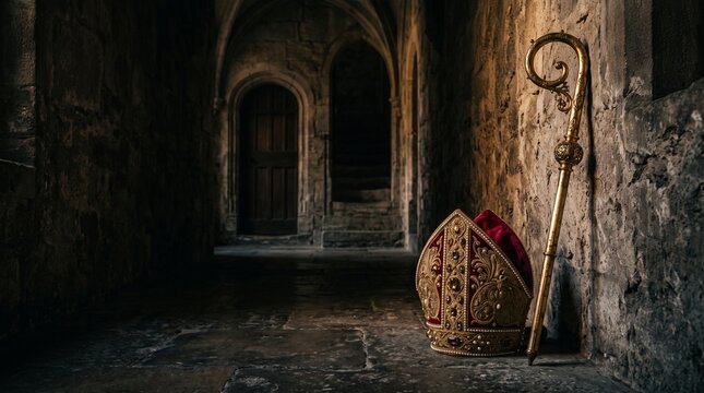 Bishop's mitre hat and golden crosier staff leaning against a medieval stone wall inside an old castle corridor, Saint Nicholas Day and Sinterklaas concept