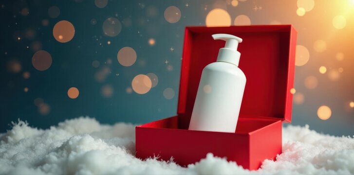 White cosmetic bottle in red box, levitating Christmas sale , levitate, whitebottle, floating