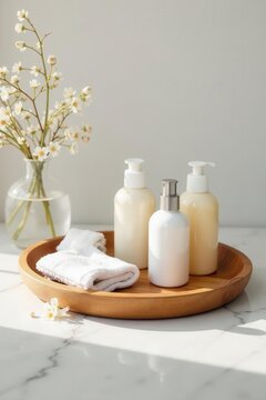 Wooden tray, cosmetic bottles, towel, marble background, accessories, bathroom