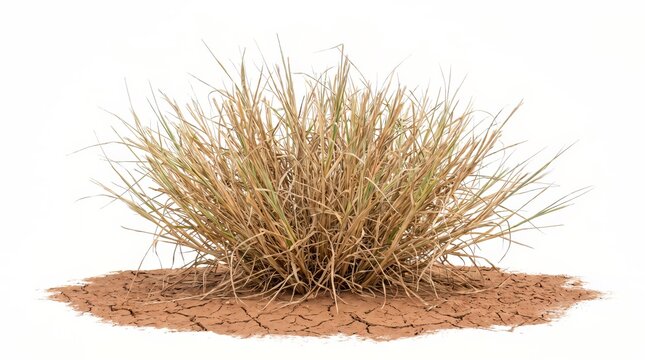 Dry grass tuft sprouting from cracked arid soil displays coarse straw texture under bright studio light.