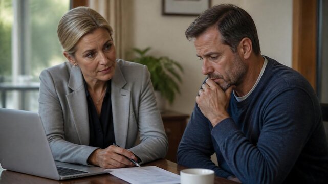 Professional woman consulting with a concerned man at a desk with a laptop and documents